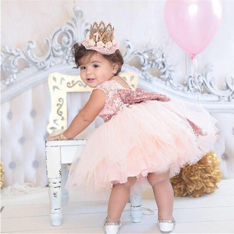 Fashion Kids Birthday Costume Cute Infant Baby Girl Christening Clothing Toddler Sequins Bowknot Lace Tutu Dress for 1 2 3 4 5 Y