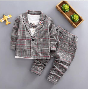 Boys Suit - Autumn long-sleeved striped shirt + Strap jeans 2pcs/set baby kids children's suit denim pants