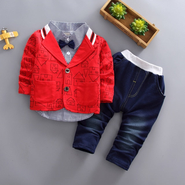 Boys Suit - Autumn long-sleeved striped shirt + Strap jeans 2pcs/set baby kids children's suit denim pants