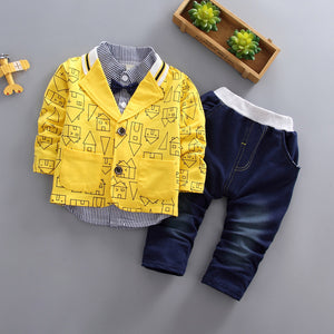 Boys Suit - Autumn long-sleeved striped shirt + Strap jeans 2pcs/set baby kids children's suit denim pants