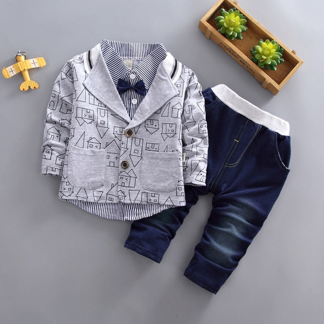 Boys Suit - Autumn long-sleeved striped shirt + Strap jeans 2pcs/set baby kids children's suit denim pants