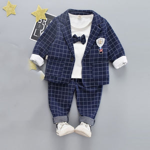 Boys Suit - Autumn long-sleeved striped shirt + Strap jeans 2pcs/set baby kids children's suit denim pants