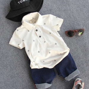 Boys Suit - Autumn long-sleeved striped shirt + Strap jeans 2pcs/set baby kids children's suit denim pants