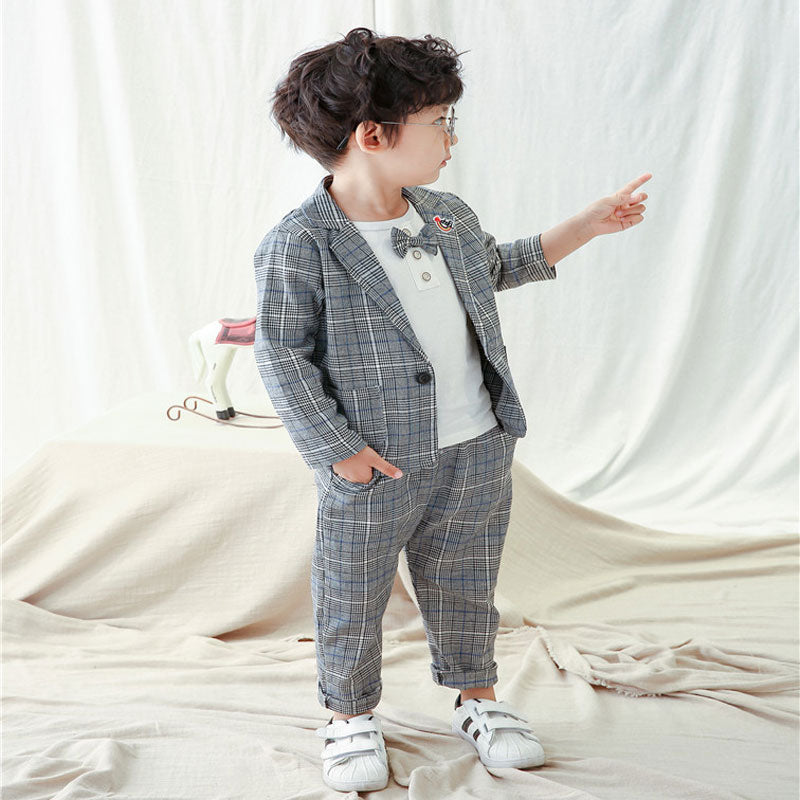 Boys Suit - Autumn long-sleeved striped shirt + Strap jeans 2pcs/set baby kids children's suit denim pants