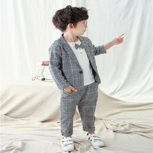 Boys Suit - Autumn long-sleeved striped shirt + Strap jeans 2pcs/set baby kids children's suit denim pants