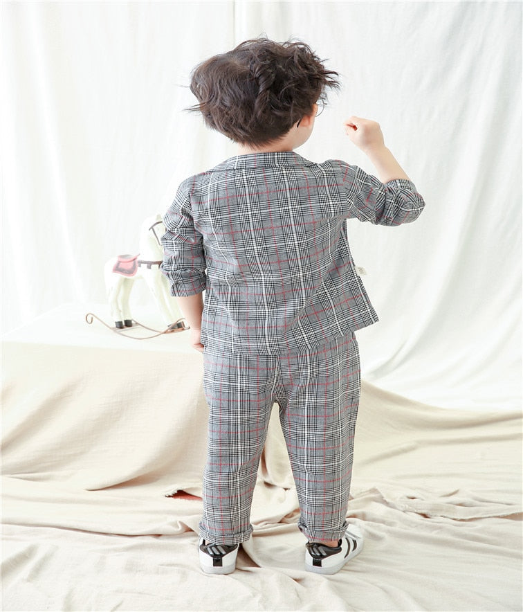 Boys Suit - Autumn long-sleeved striped shirt + Strap jeans 2pcs/set baby kids children's suit denim pants