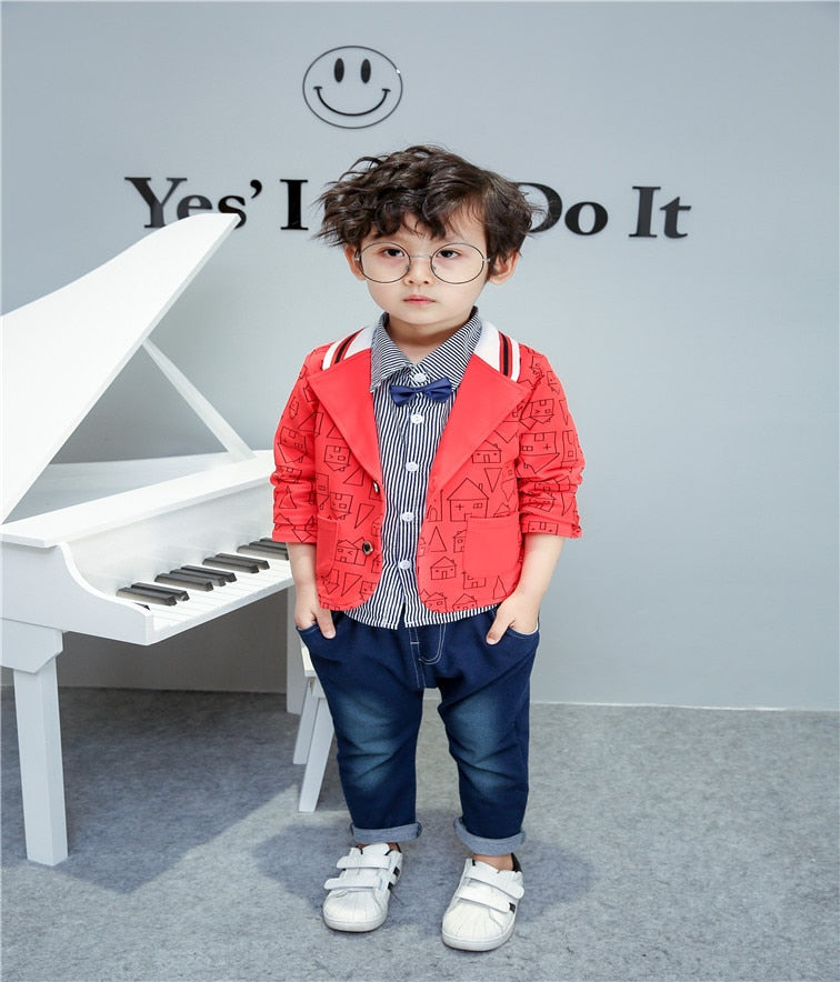 Boys Suit - Autumn long-sleeved striped shirt + Strap jeans 2pcs/set baby kids children's suit denim pants