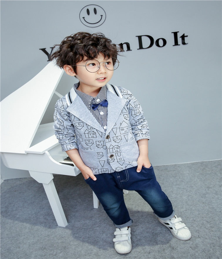 Boys Suit - Autumn long-sleeved striped shirt + Strap jeans 2pcs/set baby kids children's suit denim pants