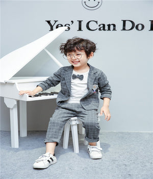 Boys Suit - Autumn long-sleeved striped shirt + Strap jeans 2pcs/set baby kids children's suit denim pants