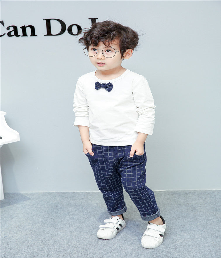 Boys Suit - Autumn long-sleeved striped shirt + Strap jeans 2pcs/set baby kids children's suit denim pants