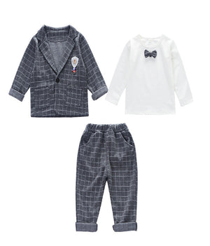 Boys Suit - Autumn long-sleeved striped shirt + Strap jeans 2pcs/set baby kids children's suit denim pants